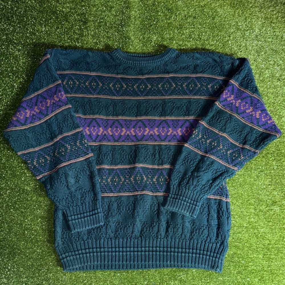 Vintage Jantzen Mens Large Teal Purple Fair Isle Cable Knit Sweater Made in USA